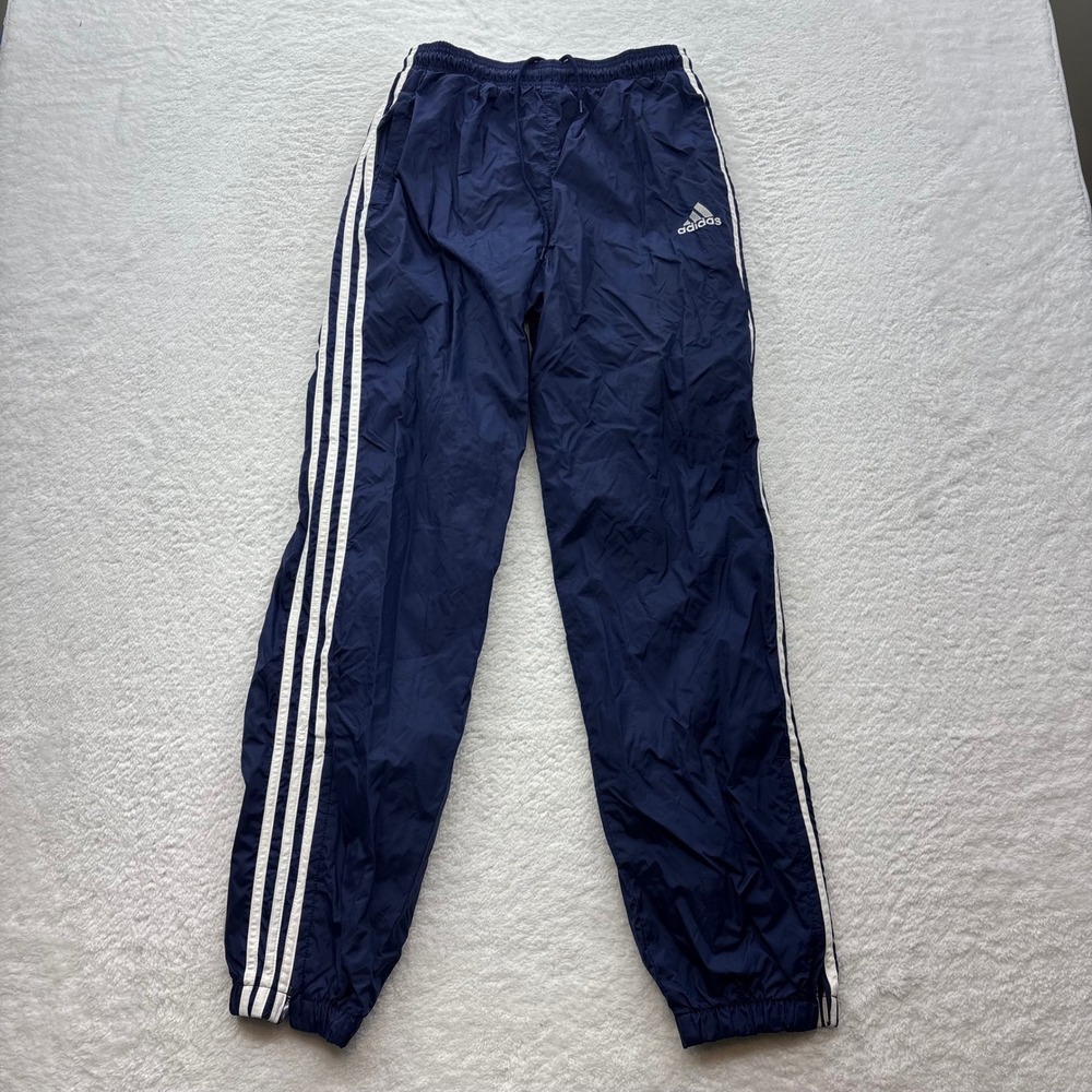 Adidas Vintage Navy Blue 3-Stripe Nylon Track Pants Small 90s